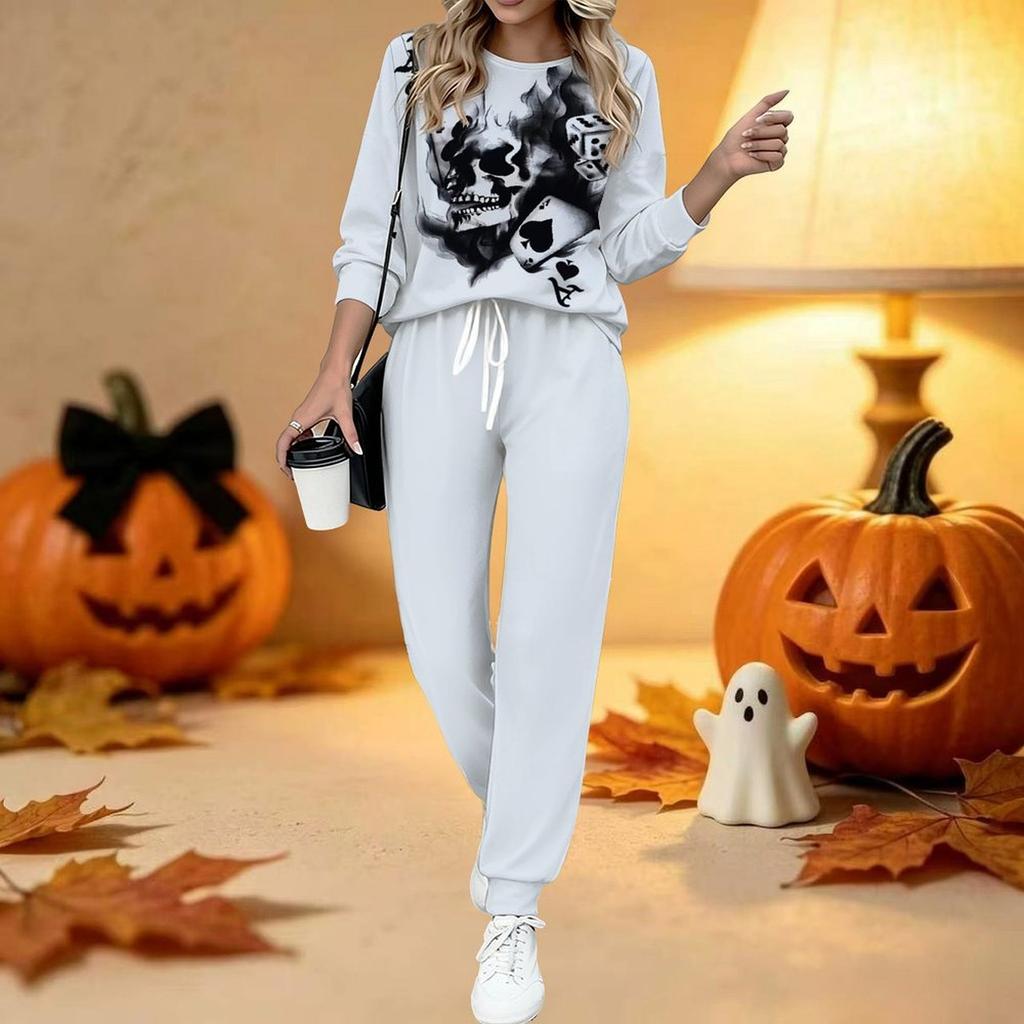 Damen Halloween Print Zweiteiliges Outfit, Langarm Rundhals Oberteil & Jogginghose mit Kordelzug Lässiger Trainingsanzug für Frühling Herbst