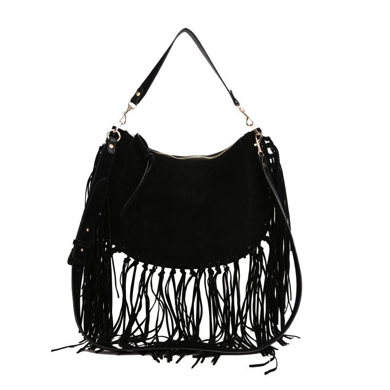 

2025 New Fashion High Quality Women Faux Suede Tassel Shoulder Bags Bohemian Style Large Capacity Handbags Versatile Tote Bags чёрный