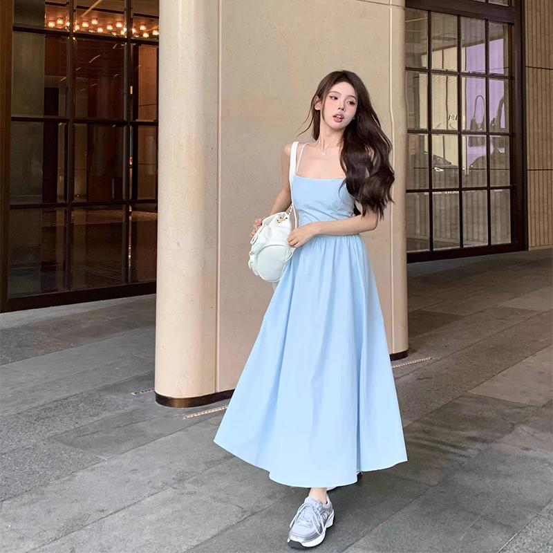 

Платье-майка для пляжного курорта для женщин летом, длина до плеч, до талии, юбка с открытой спиной и бретелями, юбка-трапеция S синий