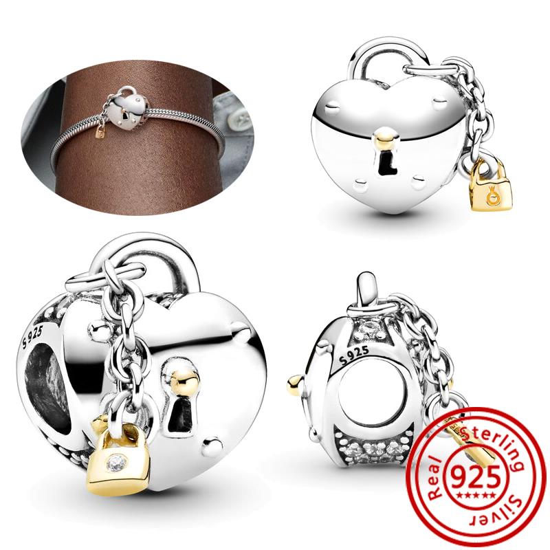 New 925 copper Love Lock Key Padlock Happiness Double Dangle Charm Heart DIY Beads Fit Original Pantaro Bracelet Fine Zircon