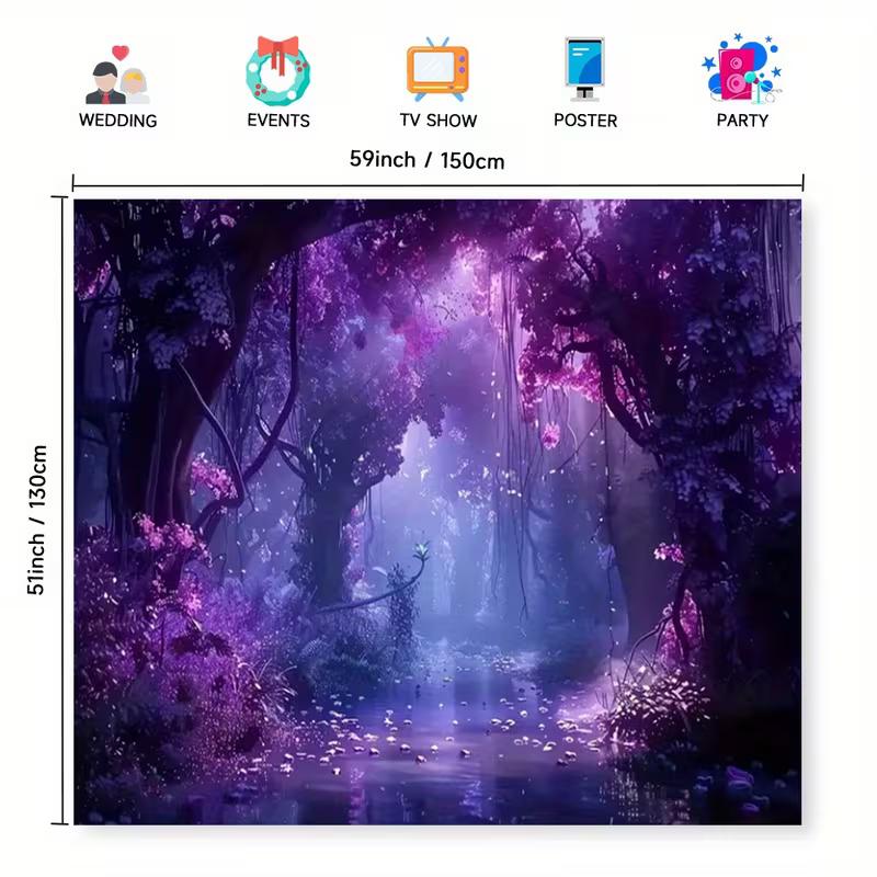 2D Dreamy Purple Forest Tapestry, Magical Fantasy Landscape Background Cloth