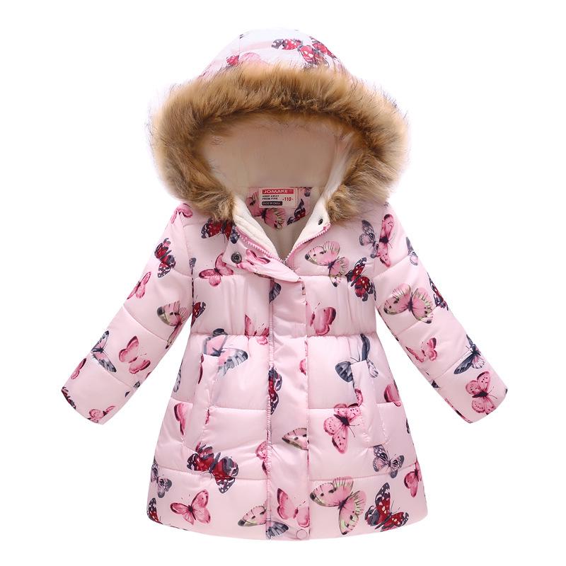 Autumn and Winter Children's Cotton Jacket Boys and Girls Fashion Printing Cartoon Big Boy Long Section Hair Collar Hooded Cotton Coat Jacket