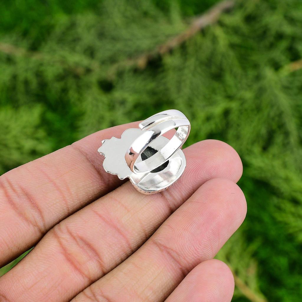 Natural Silver Leaf Jasper Multi Stone Flower Adjustable Ring 925 Silver