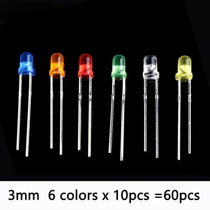 60PCS/Set 3MM 5MM LED Light Emitting Diode Assorted Kit F3 F5 LED Orange Yellow Red Green Blue White DIY LED Diode Assorted Kit