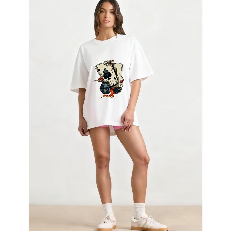 Oversized T-Shirt Black Poker Cards and Dice Flame Print Casual Streetwear Fashion Women's Top