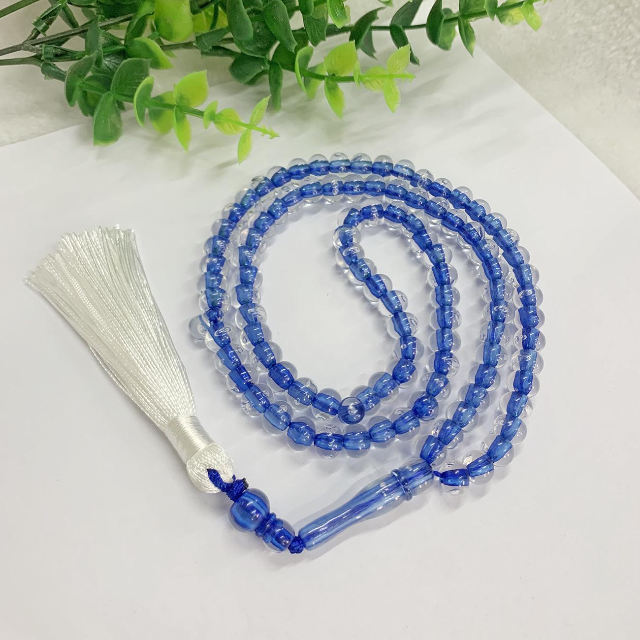 

Solid Color 99-Bead Tassel Rosary Bracelet, 8mm Dyed Core Beads for Muslim Prayer синій