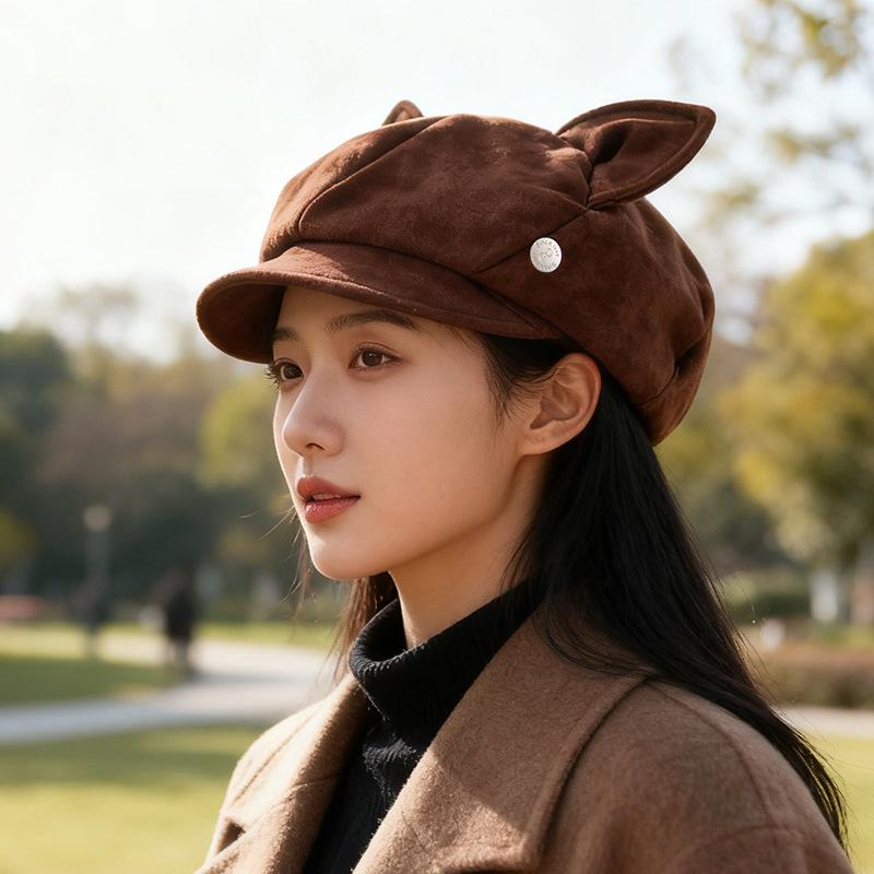 Autumn and winter cute versatile cat ears beret wide brim plain face newsboy hat