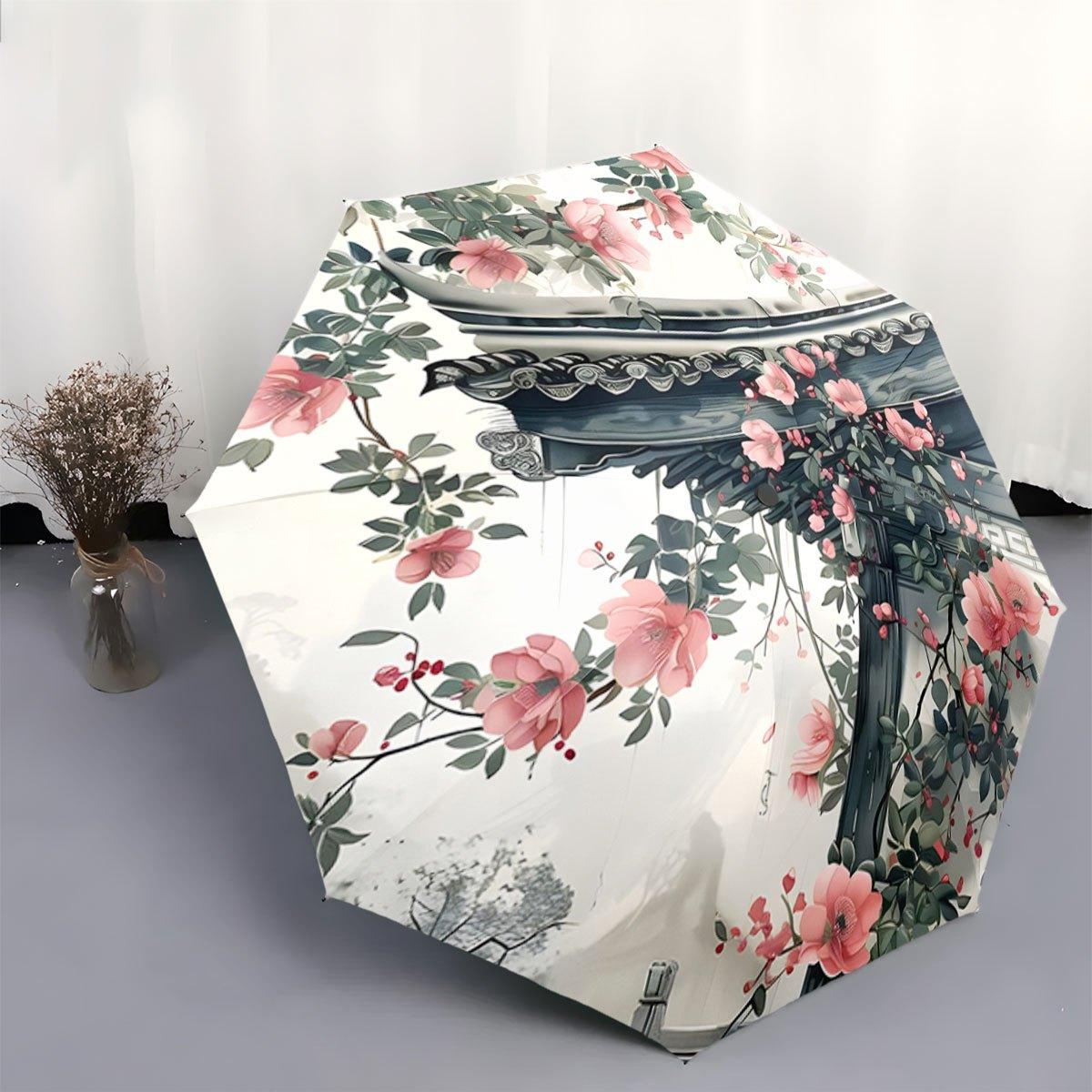 

Automatic Open/Close Folding Umbrella with Pink Magnolia Floral Design - Compact Travel Umbrella, Elegant Floral Pattern in Pi Iron&8K