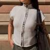 Women's Retro Color Knit Top High Neck Slim Fit Short Sleeve with Colorful Buttons