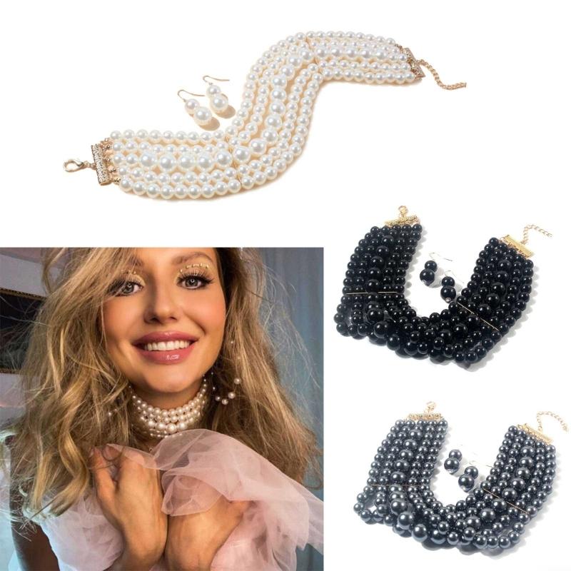 Fashion Faux Pearl Layered Necklace and Earrings Vintage Choker Necklace Jewelry Multi-Strand Pearl Choker Necklaces