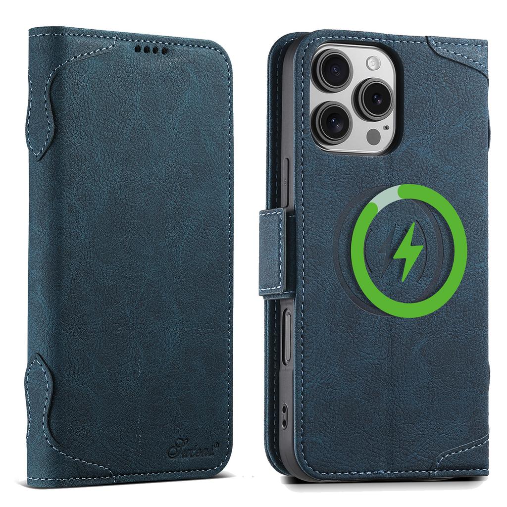 SUTENI J07 For iPhone 16 Pro Max Case Compatible with MagSafe Litchi Texture Leather Wallet Phone Cover