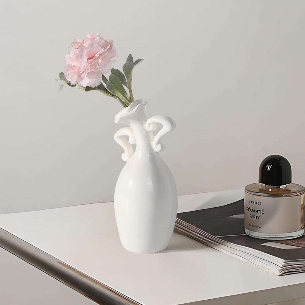 Vase with Attitude, White Ceramic Small Neck Vases, Novel and Lovely Unique Shape Vase, 7inch Modern Home Decoration Vases, Can Be Used As A
