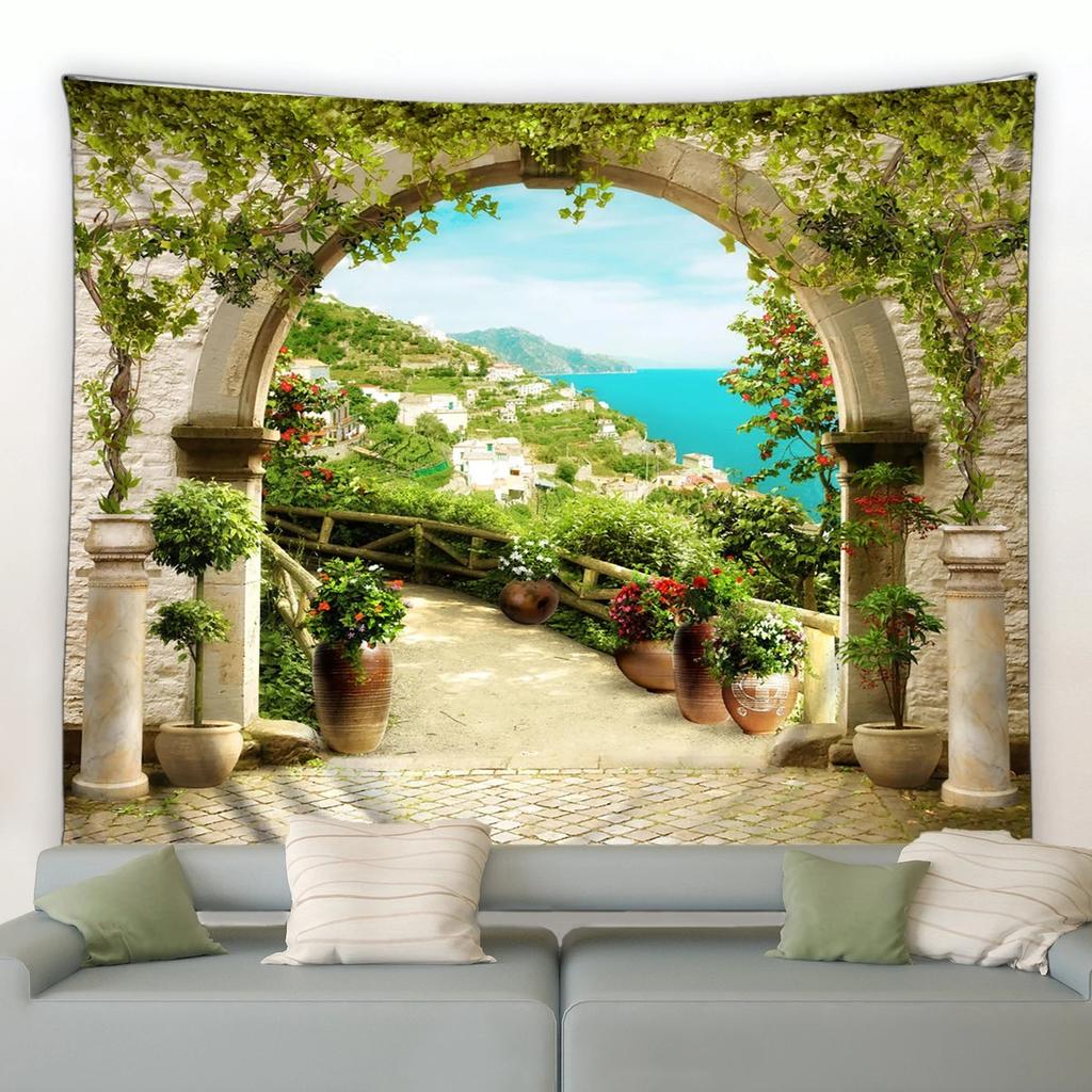 Europäischer Stil Küstenstadt Blumen Wandteppich Retro Italienische Architektur Pflanzenlandschaft Wandbehang Wohnzimmer Garten Dekoration Tuch