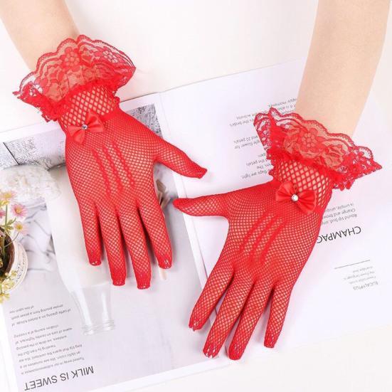 1 par ballhansker for kvinner Gjennomsiktig blonderbue Faux Pearl Dekor Hollow Out Fishnet volangkant Tynn Helfinger Forestillinger Brude Bryllupshansker