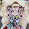 New 2024 Summer Gorgeous Flower Print Chiffon Holiday Long Dress Boho Women's Sexy Deep V Neck Sleeveless Ruffles Buttons Robe
