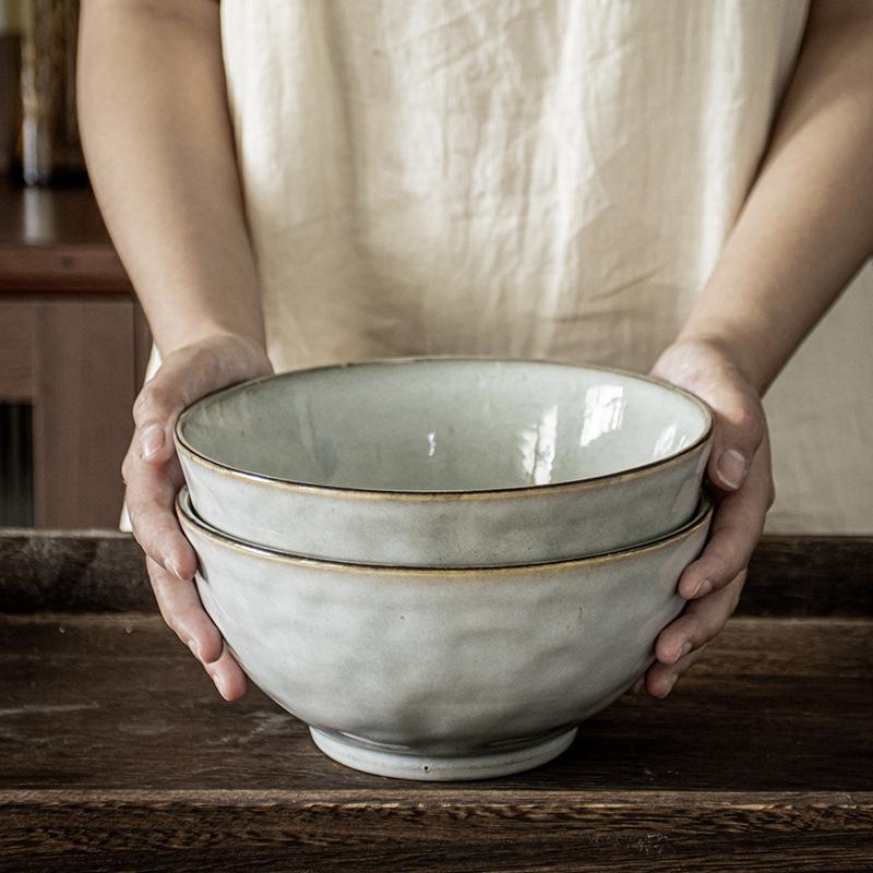High Feet, Round Belly, Large Noodle Bowl, Japanese-Style Ceramic Bowl, Household Soup Bowl, Vegetable Bowl, Retro Style Ramen Bowl, Tableware, Large