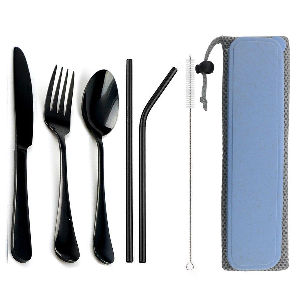 Light Portable 8 Pieces Flatware Set Stainless Steel Cutlery Set Knife Fork Spoon Juice Straws Clean Brush With Travel Bag