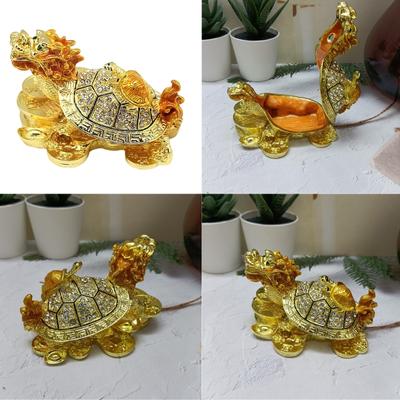 Traditional Chinese Rhinestones Metal Dragon Turtles Figurines Jewelry Case Ornament for Home and Office Desktop Decors