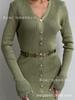 Women's V-Neck Knit Dress with Metal Buttons and Waist Belt, Side Slit, Casual Elegant Long Sleeve Sweater Dress