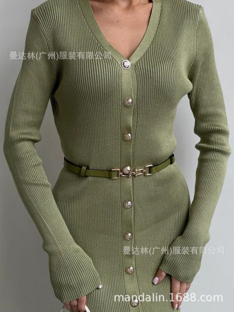Women's V-Neck Knit Dress with Metal Buttons and Waist Belt, Side Slit, Casual Elegant Long Sleeve Sweater Dress