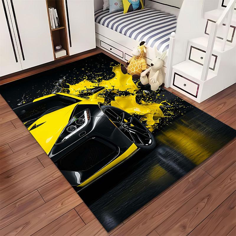 Sports Car with Yellow Paint Splash suitable as a non-slip mat for the living room or bedroom sofa