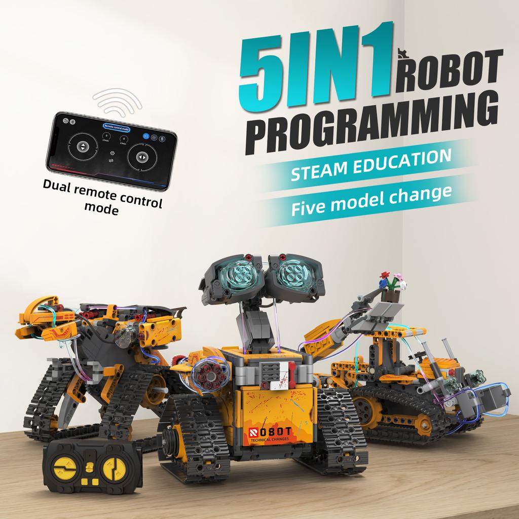 Moc 673Pcs 5 In 1 Creative Electric Rc Robot Model Snowmobile Diy Building Blocks Bulldozer Children'S Puzzle Toys Birthday Gift