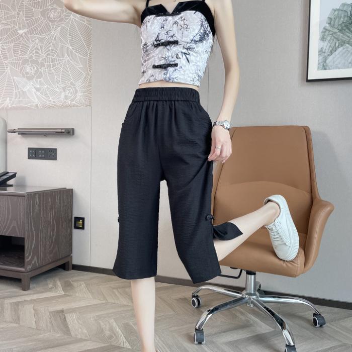 

3D Waist Slim Fit: Women s New Chinese Style Ice Silk Linen 7/8 Pants – Summer Casual with Split Hem L чёрный