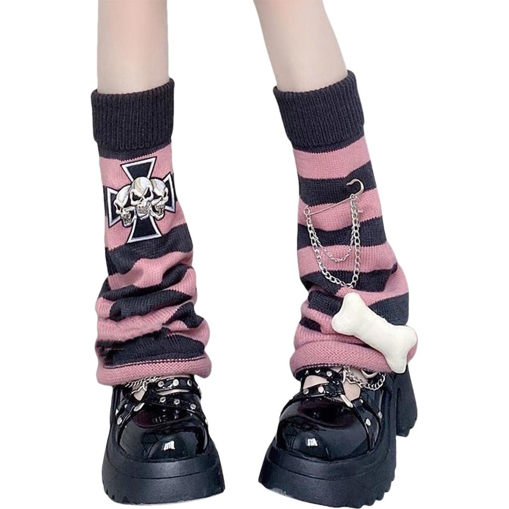 Gothic Women Leg Warmers Harajuku Punk Bone Skull Crosses Flared Knitted Foot Cover Winter Warm Long Socks Streetwe