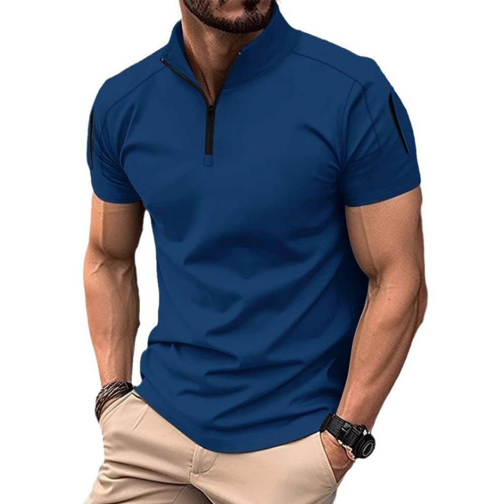 Men's Summer Casual Stand Up Collar Solid Color Short Sleeved Polo Shirt