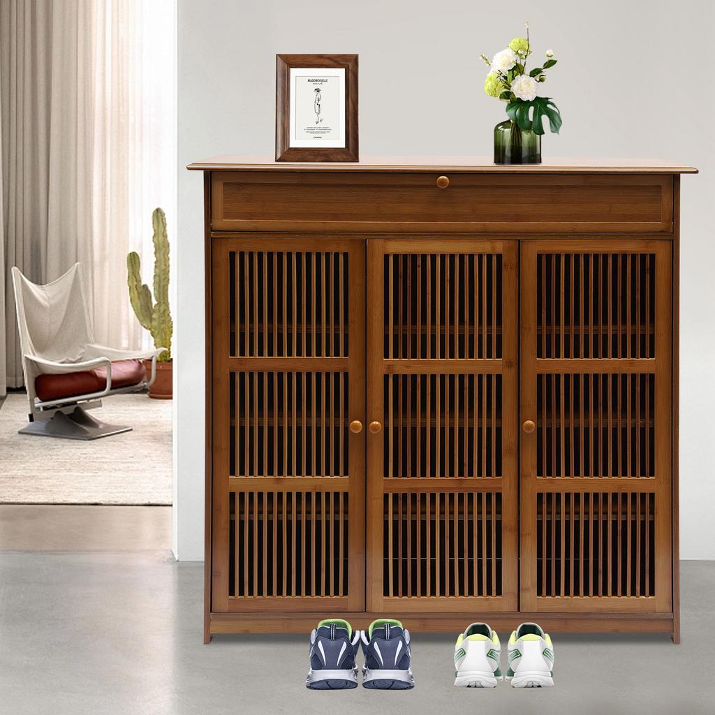 3-Tier Bamboo Shoe Cabinet W/ Shutter Doors & 1 Drawer - Holds 25 Pairs, Modern Wooden Shoe Rack Organizer for Entryway, Hallway