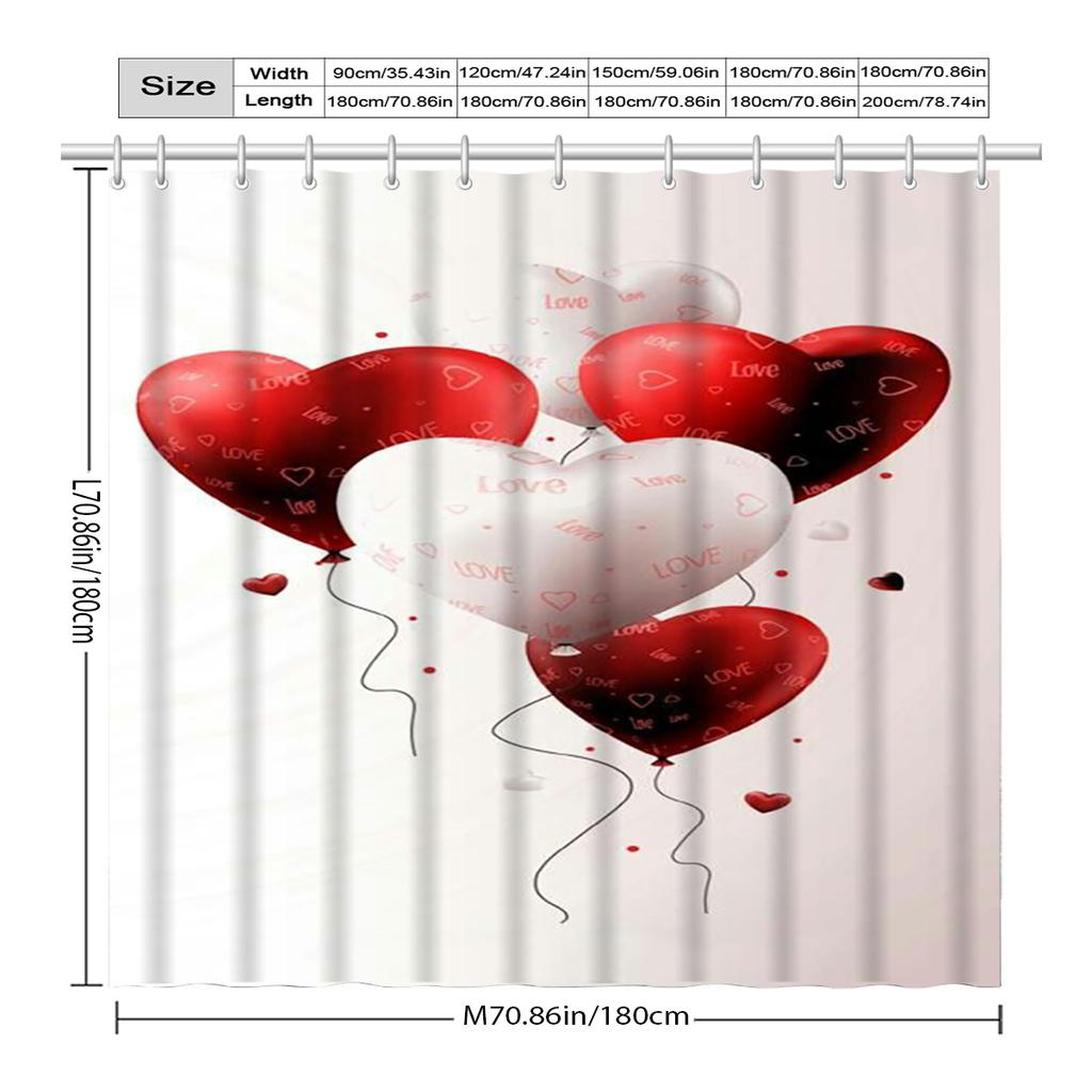 Love Balloon Curtain, Anti-Fog, Red & Black Hearts, "Love" Text, Durable Polyester, Machine Washable, Hooks Included