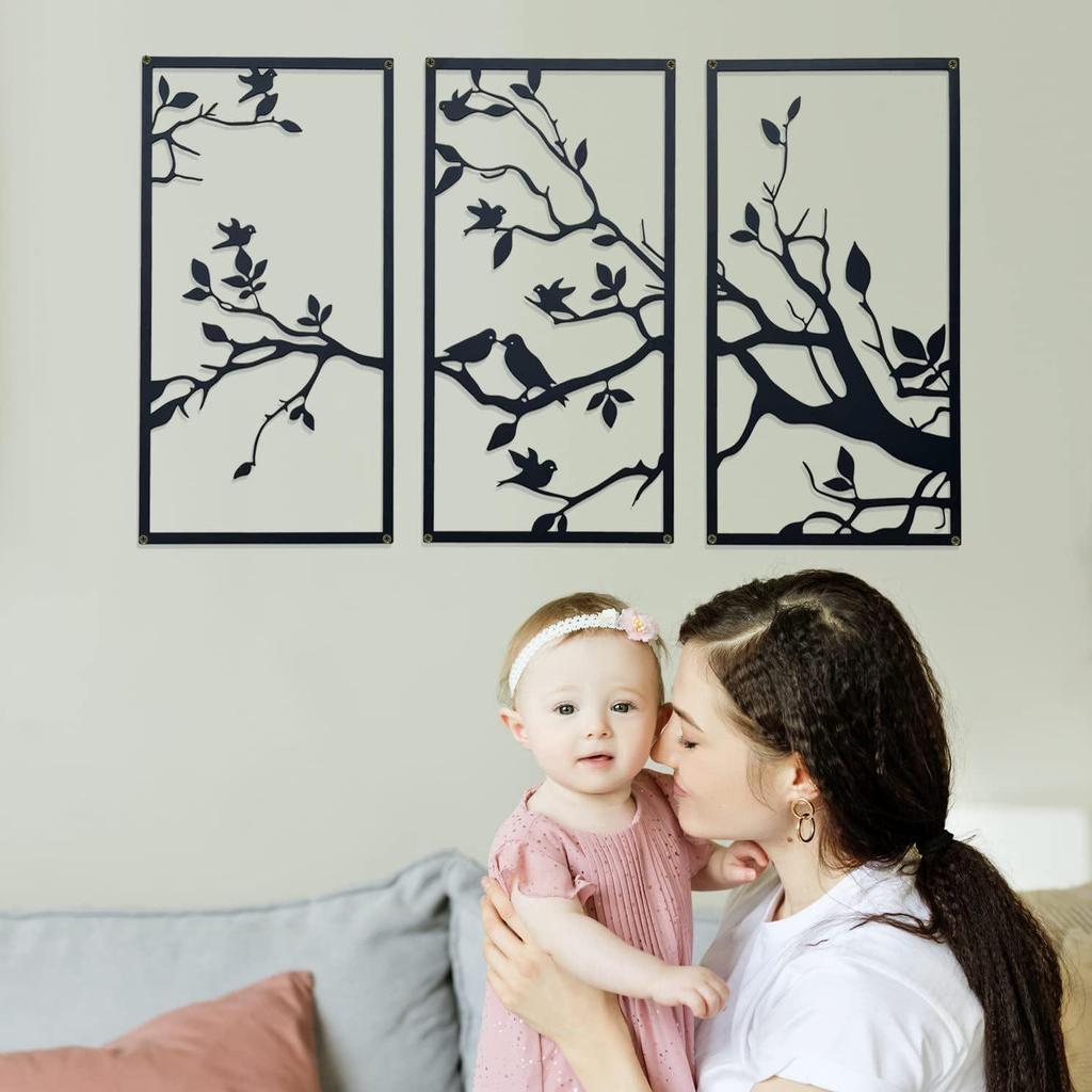 Large 3-Piece Metal Wall Art: Birds On Branches for Indoor/Outdoor Decor