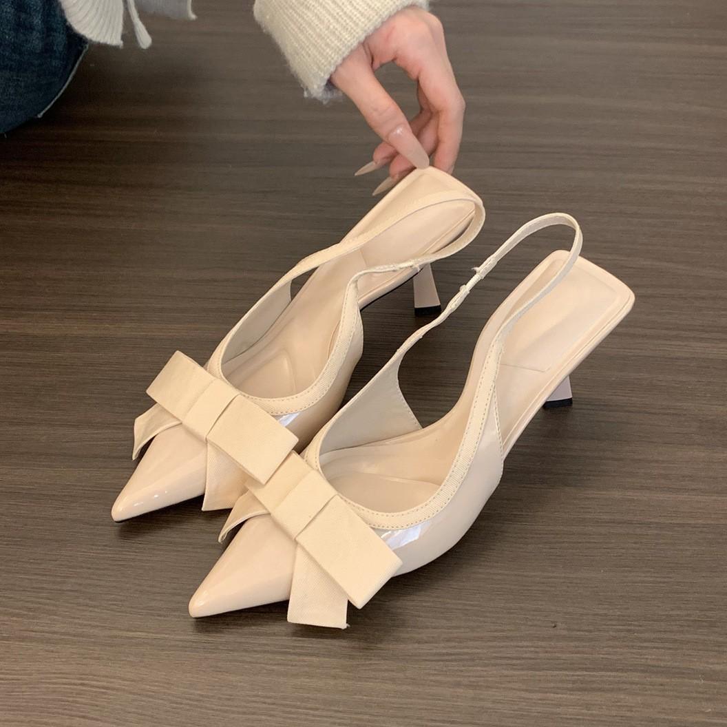 

French Elegant Pointed Temperament High Heel Sandals Women s Patent Leather Bow Celebrity Style Sexy Fairy Thin Heel Baotou Shoes 40
