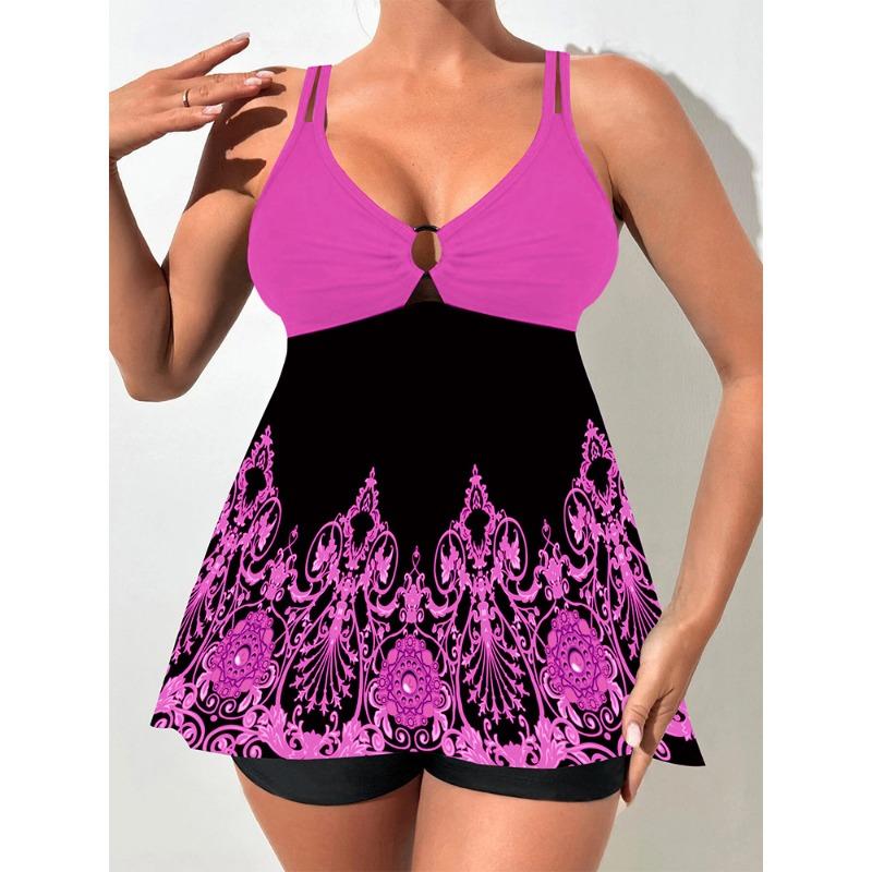 Women's Gradient Print Tankini Swimsuit with Shorts - Modest Tummy Control Swim Dress with Double Straps