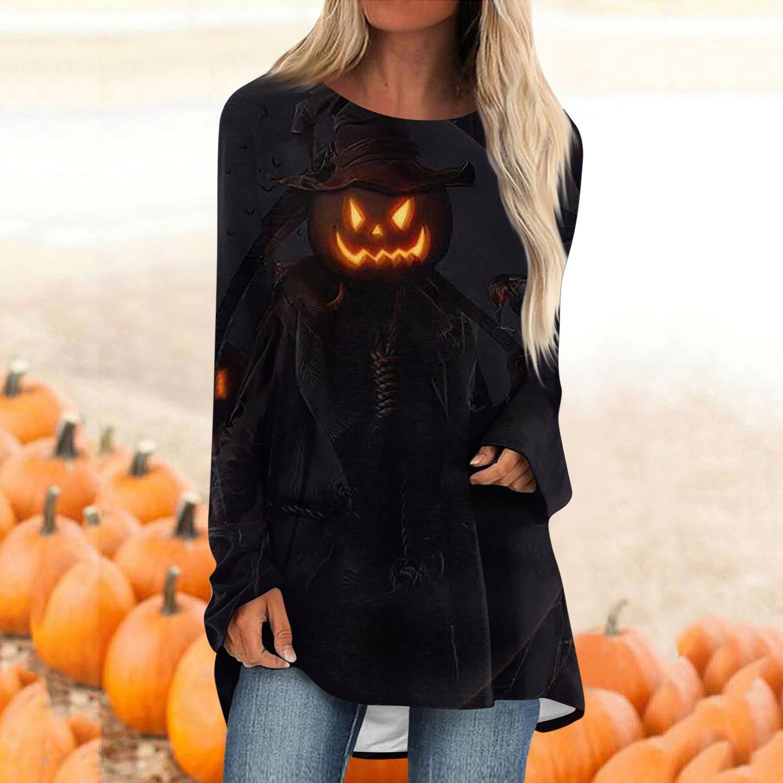 

Женская модная повседневная футболка с градиентом Хэллоуина и принтом, длинный рукав, круглый вырез, средний длинный топ XXL