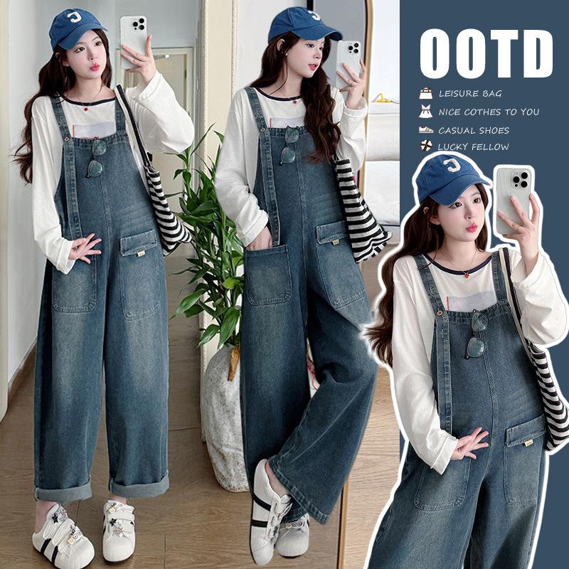 2026 Spring Korean-Style Maternity Two-Piece Set: Long-Sleeve T-Shirt + Loose Fashionable Overalls M