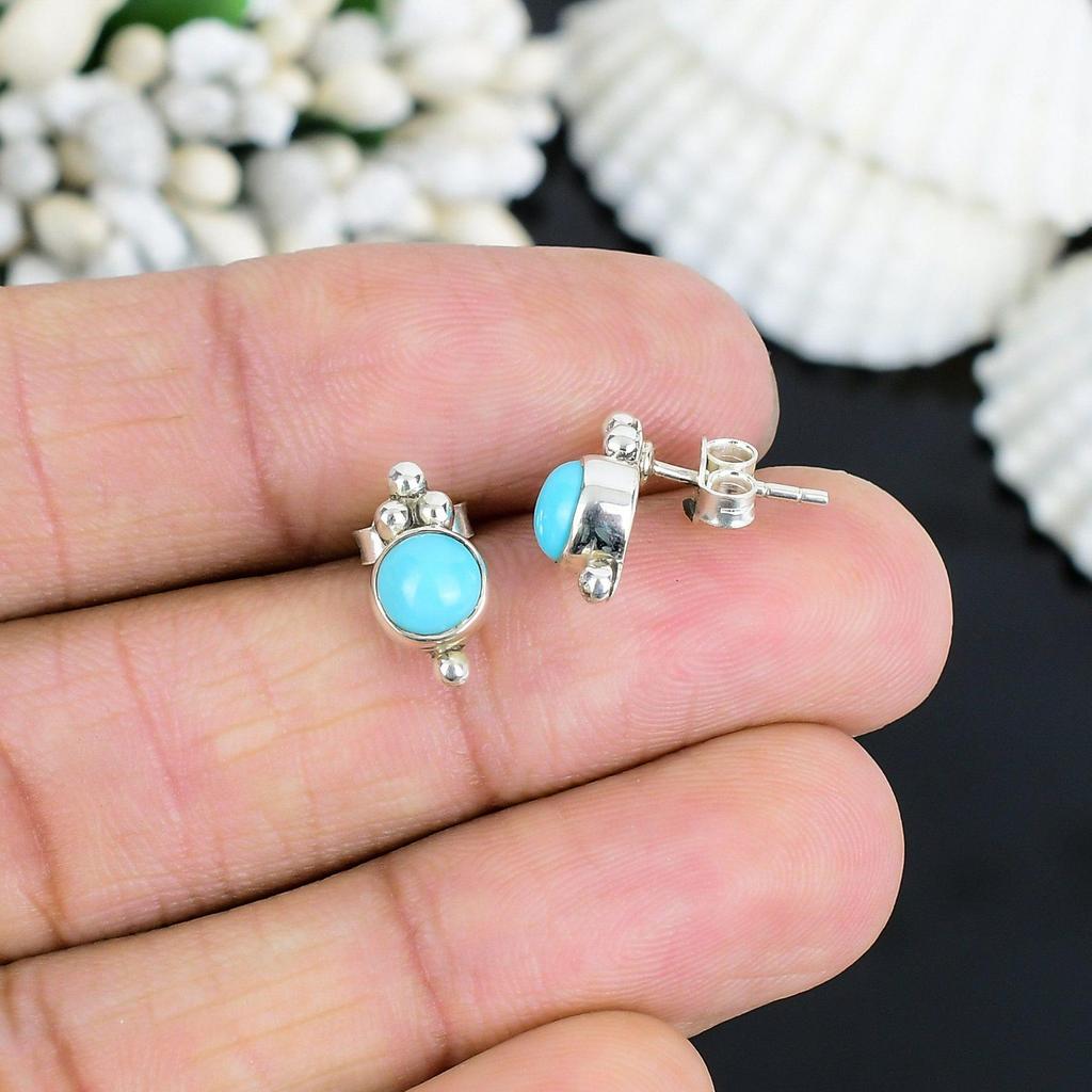 Solid 925 Sterling Silver Round Turquoise Minimalist Stud Earrings Gift For Her Designer Boho Earrings