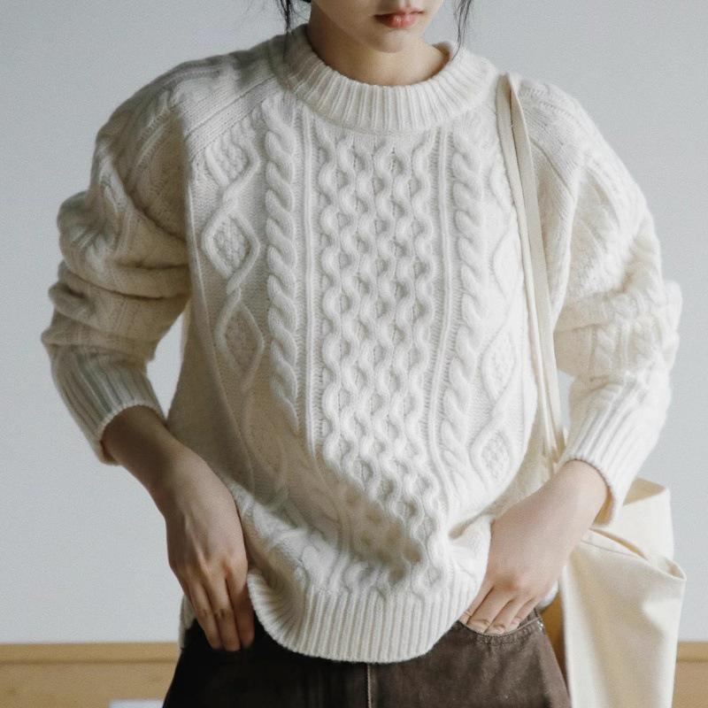 Women's French Wool Cable Knit Sweater - Loose, Thickened, Cashmere, Slimming Autumn/Winter Outerwear