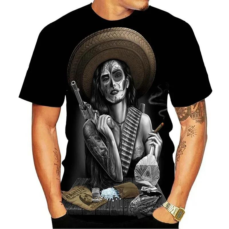 Summer Round Neck 3D Skull Beauty Pattern Print Top Fashionable Casual Short Sleeved Men's T-shirts