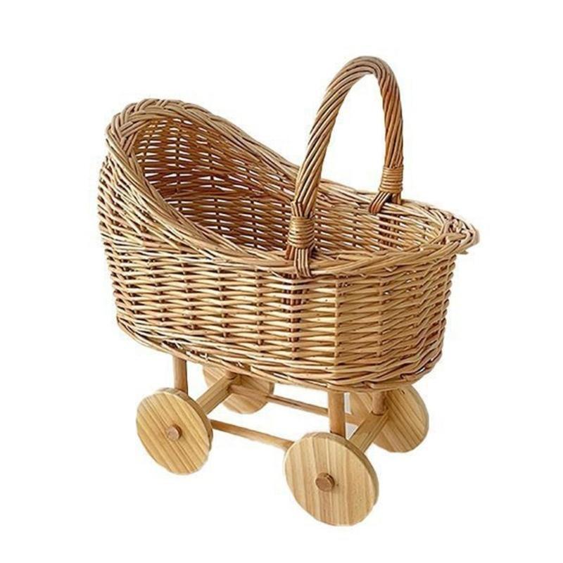 Handwoven Stroller Shaped Flower Basket with for Floral Arrangements Portable Storage for Home Decoration