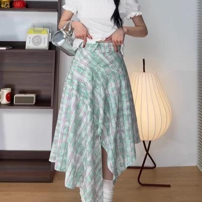 Summer Asymmetric Vintage Plaid Midi Skirt for Women - High-Waist Versatile A-Line Skirt with Zipper Closure
