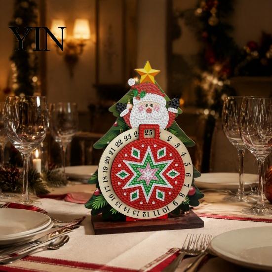 Holiday Countdown Activity Christmas DIY Rhinestone Painting Calendar, 25 Days Rotating Handmade Ornaments Tree Advent Wooden Tabletop Ornament