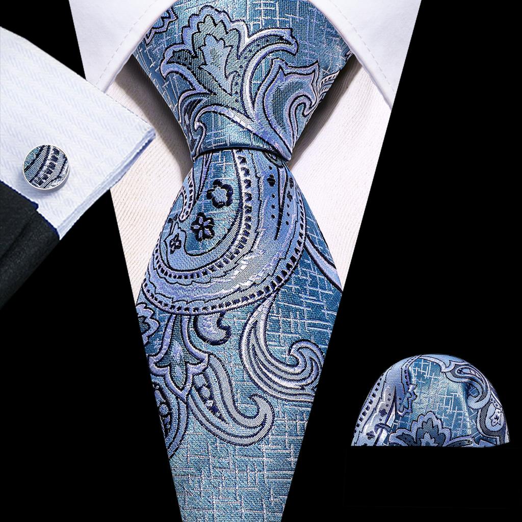 Barry.Wang Floral Ties for Men Woven Paisley Wedding Necktie Handkerchief Cufflinks Formal Casual Set