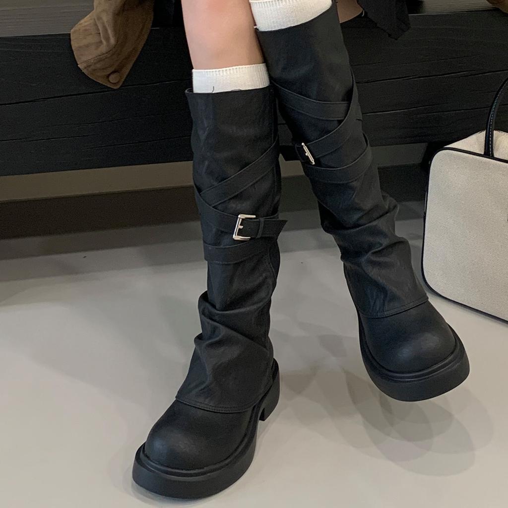 Eilyken Autumn Winter Punk Style Belt Buckle Women Knee High Boots Fashion Round Toe Square Low Heels Long Shoes