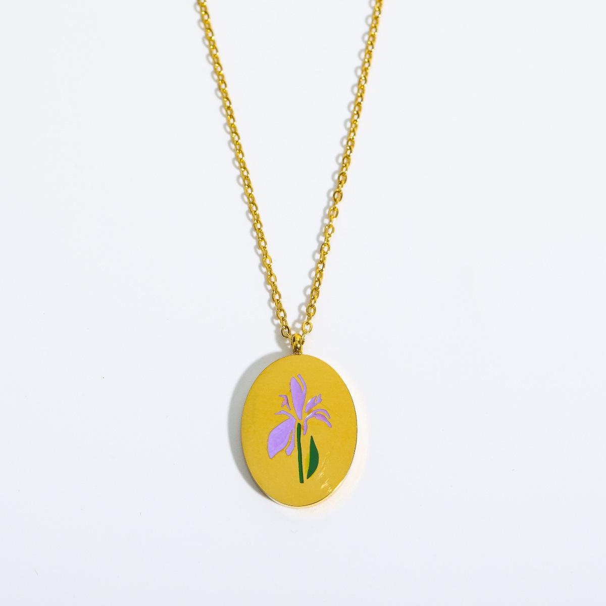 December 3D Floral Oval Pendant Necklace - Titanium Steel Clavicle Chain