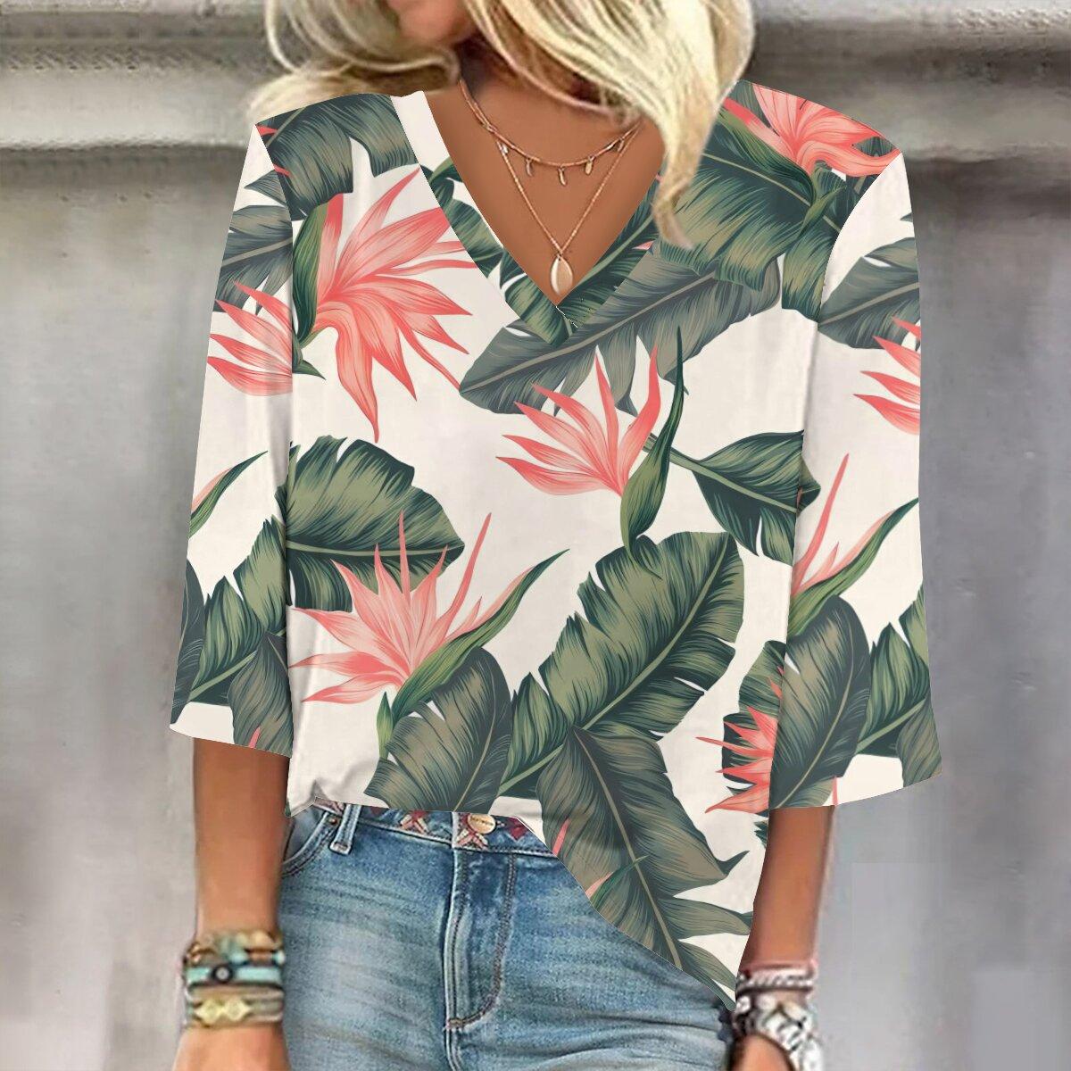 

Весна и осень 2023, новый модный женский повседневный топ с v-образным вырезом и рукавом 3/4 с принтом, размер гной