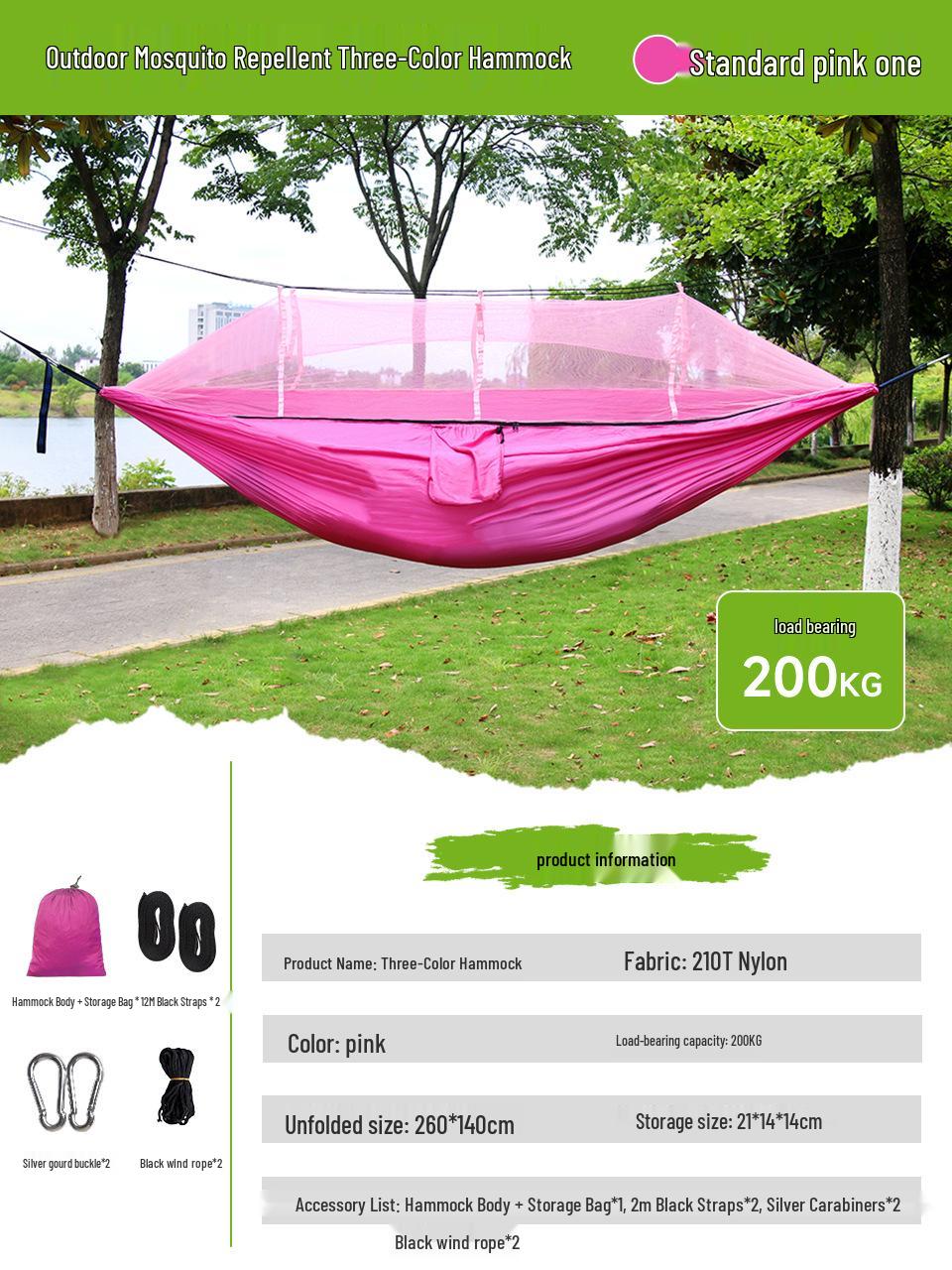 

Camping Hammock with Mosquito Net, Anti-rollover Design, High Load Capacity, Tear-resistant Nylon