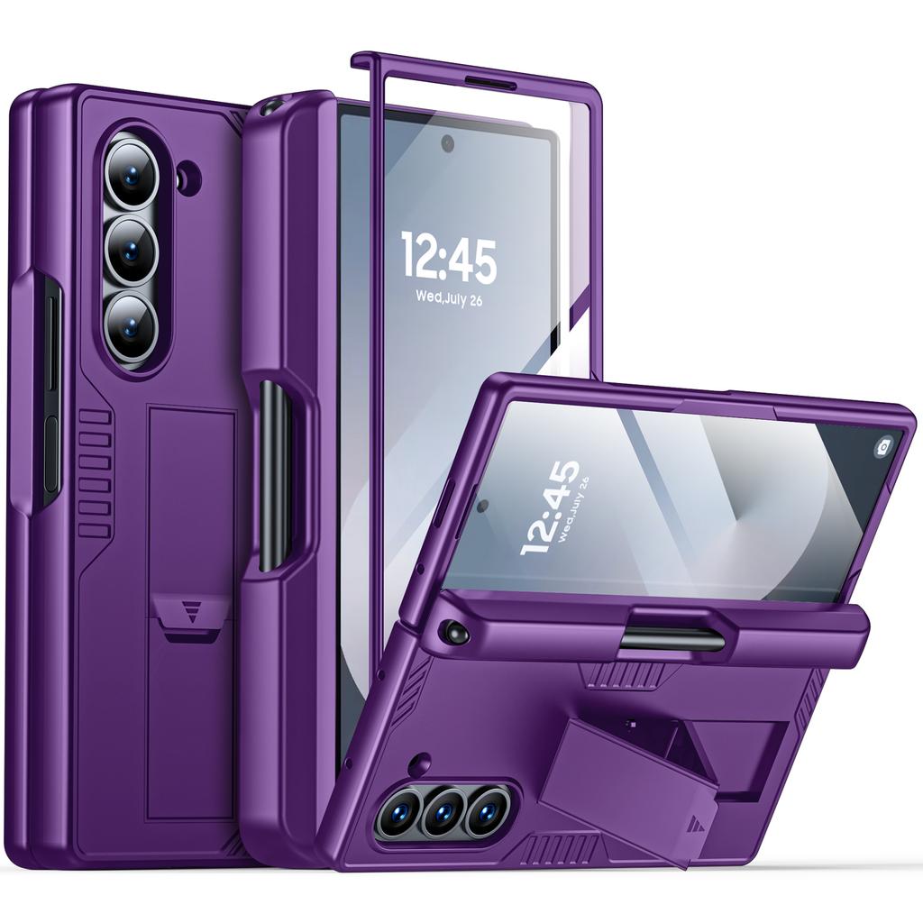 for Samsung Galaxy Z Fold 6 Phone Case With S Pen Holder, Hidden Stand, Screen Protector, Sturdy Shockproof Protective Case-Black