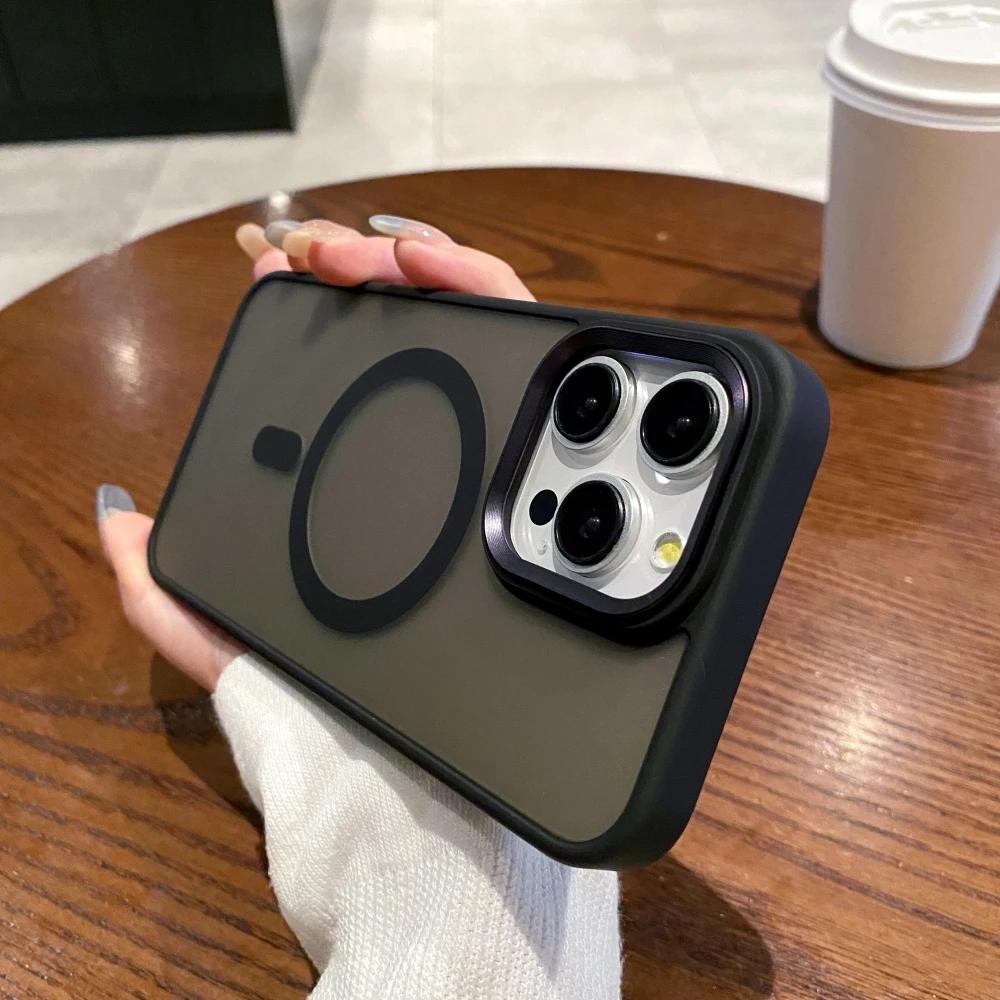 Matte Shockproof Magnetic Phone Case For iPhone 15 14 13 12 11 Pro Max Plus For Magsafe Wireless Charge Metal Camera Ring Cover