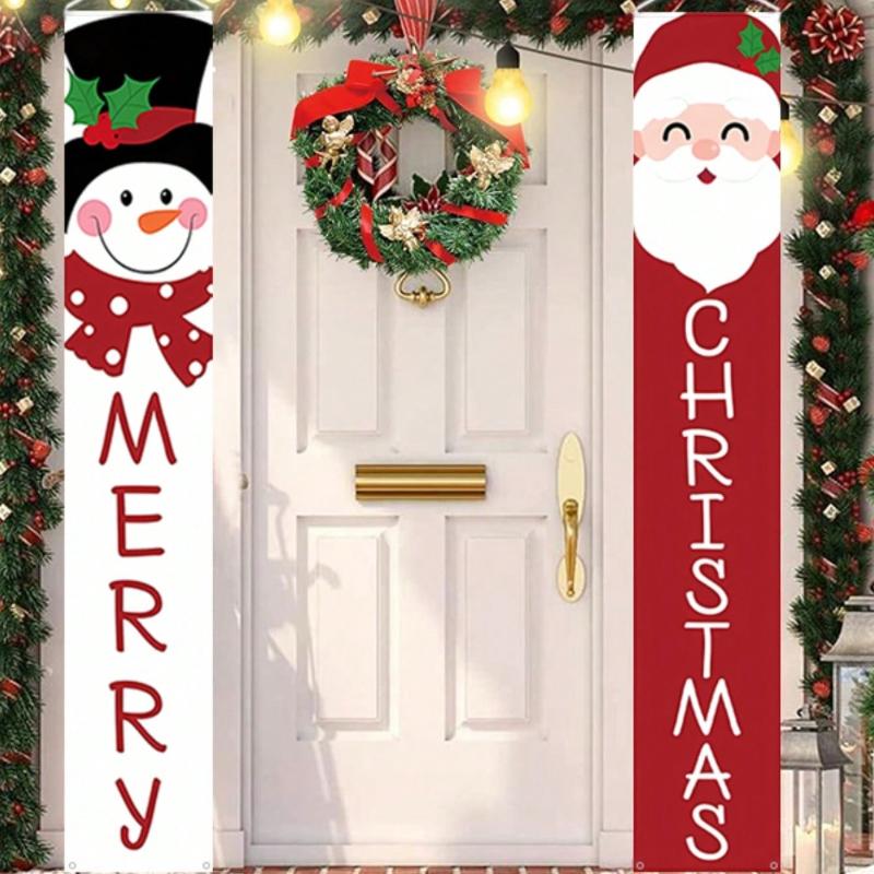 1 Pair Christmas Hanging Banner, Merry Christmas Doorway Decor with Cute Santa Claus and Snowman, Elegant Outdoor and Indoor Decoration Home